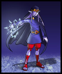  1boy belt buckle cloak commentary_request full_body hair_over_one_eye long_sleeves louten magic male_focus pale_skin pants photoshop_(medium) purple_hair solo spanish_commentary standing the_legend_of_zelda the_legend_of_zelda:_the_minish_cap vaati veil 