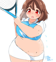  :o banned_artist breasts brown_hair collarbone collared_shirt eno_konoe eyebrows fat flying_sweatdrops large_breasts looking_afar looking_at_viewer midriff mikomu miniskirt navel original racket red_eyes shirt short_hair short_sleeves skirt solo sweat tennis_racket thick_eyebrows 