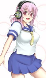  blush breasts commentary_request deni_m female headphones highres large_breasts miniskirt nitroplus open_mouth pink_eyes pink_hair red_eyes school_uniform serafuku short_hair short_sleeves skirt smile solo super_sonico 