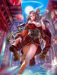  architecture bare_shoulders beautiful_coutesan_enki blue_sky breasts cleavage commentary_request copyright_name day east_asian_architecture female full_moon hair_ornament hair_stick holding holding_smoking_pipe horns hys122211 japanese_clothes kiseru lantern large_breasts luck_&amp;_logic moon official_art oni_horns paper_lantern photoshop_(medium) pointy_ears sky smile smoking smoking_pipe solo walking watermark wide_sleeves 