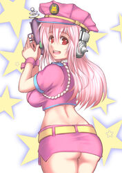  ass blush breasts butt_crack commentary_request deni_m female gun handgun headphones large_breasts long_hair looking_at_viewer miniskirt nitroplus no_panties open_mouth pencil_skirt pink_hair police police_uniform red_eyes skirt smile solo space_invaders super_sonico trigger_discipline uniform weapon 