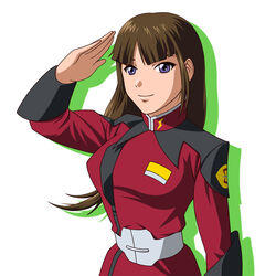  brown_hair commentary_request female gundam gundam_seed long_hair military military_uniform photoshop_(medium) purple_eyes rakusai_(saisai_garou) salute shiho_hahnenfuss smile solo uniform zaft_uniform 