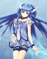  aoki_reika bad_id bad_pixiv_id bike_shorts bike_shorts_under_skirt blue_eyes blue_hair blue_skirt blue_theme choker cure_beauty female hair_tubes head_wings long_hair magical_girl photoshop_(medium) precure skirt smile smile_precure snowflakes solo tiara wings wrist_cuffs yomito 