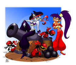  2girls blue_skin breasts cannon cannonball cleavage dark_skin earrings hat hoop_earrings jewelry long_hair lots_of_jewelry matt_bozon multiple_girls official_art pirate pirate_hat pointy_ears ponytail purple_hair risky_boots shantae shantae_(character) shantae_(game) tinkerbat yellow_sclera 