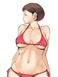  bikini black_eyes breasts brown_hair commentary_request female groin gundam large_breasts md5_mismatch mirai_yashima mobile_suit_gundam navel poin_(hidsuki) profile resolution_mismatch short_hair side-tie_bikini_bottom simple_background solo source_larger swimsuit toned white_background 