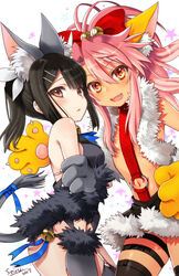  2girls :d animal_ears animal_hands artist_name bad_id bad_pixiv_id bare_shoulders bell black_hair bow brown_eyes chloe_von_einzbern chloe_von_einzbern_(beast_style) collar commentary dark-skinned_female dark_skin dated fate/kaleid_liner_prisma_illya fate_(series) fur_trim gloves hair_bell hair_between_eyes hair_ornament hairbow hairclip jingle_bell long_hair looking_at_viewer miyu_edelfelt miyu_edelfelt_(beast_style) multiple_girls navel o-ring oerba_yun_fang open_mouth orange_eyes paw_gloves pink_hair ponytail ribbon seiru_(prairie) signature simple_background smile star_(symbol) stomach_tattoo tail tail_ornament tail_ribbon tattoo white_background 