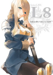  agrias_oaks armor blonde_hair blue_eyes braid braided_ponytail breasts commentary_request female final_fantasy final_fantasy_tactics knight large_breasts long_hair scabbard seiza sheath single_braid sitting solo sword tooka weapon 