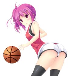  ass ball bare_arms bare_shoulders basketball basketball_(object) basketball_uniform black_thighhighs blush commentary_request cowboy_shot female from_side gym_shorts highres looking_away original purple_eyes purple_hair short_hair short_shorts shorts sleeveless solo sportswear thighhighs transparent_background underbutt wata_(akawata) white_shorts 