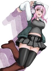  blush boots breasts commentary_request deni_m female headphones highres jumping large_breasts long_hair looking_at_viewer navel nitroplus open_mouth pink_eyes pink_hair smile solo super_sonico thighhighs 