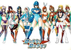  6+girls android arm_cannon artist_request ass bare_shoulders blonde_hair blue_hair bodysuit bomb_man boots breasts brown_hair center_opening cleavage cleavage_cutout clothing_cutout copyright_name cut_man cyborg elbow_gloves elec_man fire_man genderswap_(mtf) gloves guts_man hair_over_one_eye hairpods hat_over_one_eye helmet hood ice_man imageboard_desourced knee_boots large_breasts leotard logo long_hair looking_at_viewer mask mechanical_arms medium_breasts mega_man:_powered_up mega_man_(character) mega_man_(classic) mega_man_(series) multiple_girls non-web_source oil_man one_eye_covered red_hair robot_ears rule_63 scarf short_hair shoulder_pads single_mechanical_arm standing thigh_boots thighhighs time_man underboob weapon 