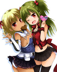  2girls ;d armband beatmania_iidx belt_pouch black_skirt blonde_hair blue_shirt blush bow braid breasts candy chocolate cleavage commentary_request dark-skinned_female dark_skin detached_sleeves food food-themed_hair_ornament food_in_mouth fujisaka_lyric gift green_hair hair_ornament hair_ribbon hand_on_another&#039;s_ass head_tilt heart heart-shaped_chocolate hishimiya_tsugaru holding holding_another&#039;s_wrist holding_gift jacket long_hair long_sleeves looking_at_viewer medium_breasts midriff mouth_hold multiple_girls navel oerba_yun_fang ok_sign one_eye_closed open_mouth panties pleated_skirt pouch red_bow red_eyes red_jacket red_ribbon ribbon shirt side_braid single_braid skirt sleeveless sleeveless_jacket smile strawberry_hair_ornament striped_clothes striped_panties underwear valentine white_background white_panties xiatian_(beatmania_iidx) 