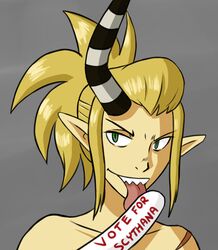  bare_shoulders female green_eyes horns licking long_hair phallic_symbol pointy_ears ponytail scar scythana sexually_suggestive sharp_teeth single_horn skullgirls solo teeth tongue zferolie 