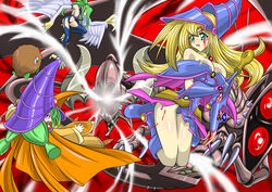  3girls ass blonde_hair blood boots breasts card_ejector claws creature curvy dark_magician_girl dark_persona demon demon_wings disguise duel_monster female green_eyes green_hair harpie_queen hat highres horns huge_breasts injury kuriboh leotard long_hair looking_back magical_girl monster multiple_girls open_mouth ponytail shiny shiny_skin straw_(yokubou_hiroba) the_wicked_avatar violence wings yu-gi-oh! yuu-gi-ou_duel_monsters 