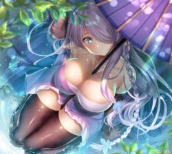  arm_support bare_shoulders between_breasts black_gloves blue_eyes blurry blurry_foreground blush braid breasts butterfly_hair_ornament cleavage closed_mouth draph elbow_gloves female gloves granblue_fantasy hair_ornament hair_over_one_eye head_tilt horns large_breasts light_purple_hair long_hair looking_at_viewer low_tied_hair narmaya_(granblue_fantasy) narmaya_(visions_of_butterflies)_(granblue_fantasy) official_alternate_costume plant pointy_ears purple_hair ripples seiza shade sidelocks signature sitting skindentation smile solo thighhighs umbrella wagasi_(wagasi157) water 