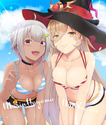  2girls absurdres ahoge beach bikini black_shorts blonde_hair blue_bikini blue_sky blush breasts cleavage closed_mouth collarbone commentary cowboy_shot dark-skinned_female dark_skin day fang_out food-themed_hair_ornament grey_hair hair_between_eyes hair_ornament hat hayama_marin highres kneeling large_breasts leaning_forward lime_hair_ornament lips long_hair looking_at_viewer majomarity_(nijisanji) multiple_girls navel nijisanji nui_sociere oerba_yun_fang open_mouth outdoors purple_eyes red_bikini shorts sky smile striped_bikini striped_clothes sunlight swimsuit temari_rin very_long_hair virtual_youtuber white_shorts witch_hat 