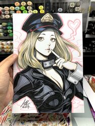  art_tools_in_frame artist&#039;s_hand_in_frame black_bodysuit blonde_hair bodysuit boku_no_hero_academia breasts cleavage commentary english_commentary female finger_to_mouth hat highres large_breasts long_hair looking_at_viewer marker_(medium) medium_hair no_bra peaked_cap photo_(medium) solo stanley_lau superhero_costume traditional_media unzipped utsushimi_kemii wrist_cuffs 