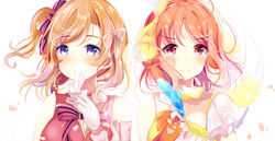  2girls birthday blue_eyes blue_feathers bokutachi_wa_hitotsu_no_hikari commentary_request daisuki_dattara_daijoubu! depe detached_sleeves dual_persona feathers fingerless_gloves gloves hair_ribbon highres in-franchise_crossover kosaka_honoka looking_at_viewer love_live! love_live!_school_idol_project love_live!_sunshine!! medium_hair multiple_girls next_sparkling!! one_side_up orange_hair petals red_eyes ribbon short_sleeves sidelocks single_wing sleeveless split_theme start:dash!! takami_chika white_feathers wings 