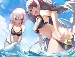  2girls admiral_graf_spee_(azur_lane) ass azur_lane bare_arms bare_shoulders beach bikini bikini_pull black_bikini black_hair blue_eyes blue_sky blunt_bangs blush breasts cleavage closed_mouth clothes_pull cloud collarbone commentary day deutschland_(azur_lane) deutschland_(service_time?!)_(azur_lane) embarrassed front-tie_bikini_top front-tie_top highres karakushi light_smile long_hair looking_at_another looking_back manjuu_(azur_lane) medium_breasts midriff multicolored_hair multiple_girls navel ocean oerba_yun_fang official_alternate_costume open_mouth outdoors short_hair skin_fang sky snorkel streaked_hair surprised swimsuit tearing_up very_long_hair wading water white_hair 