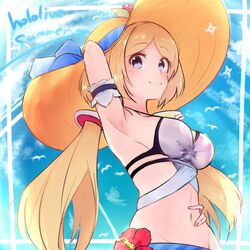  aki_rosenthal aki_rosenthal_(hololive_summer_2019) arm_up armband armpits bikini blonde_hair blue_eyes bob_cut breasts closed_mouth commentary_request detached_hair female flower frilled_armband frills groin hand_on_own_hip hat hibiscus highres hololive long_hair looking_at_viewer low_twintails medium_breasts navel official_alternate_costume parted_bangs shimaji_noma short_hair smile solo sun_hat swimsuit twintails upper_body virtual_youtuber white_bikini 