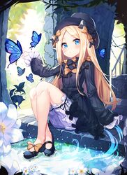  2drr abigail_williams_(fate) animal black_bow black_dress black_footwear black_hat blonde_hair bloomers blue_butterfly blue_eyes blurry blurry_background blush bow bug butterfly closed_mouth day depth_of_field dress fate/grand_order fate_(series) female flower forehead full_body hairbow hat highres knees_up long_hair long_sleeves md5_mismatch multiple_hair_bows orange_bow parted_bangs polka_dot polka_dot_bow railing shoes sitting sleeves_past_fingers sleeves_past_wrists solo stairs stone_stairs underwear very_long_hair water white_bloomers white_flower 