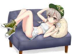  arm_up bandeau baseball_cap blush braid breasts brown_eyes brown_hair camouflage camouflage_footwear camouflage_headwear closed_mouth collarbone commentary couch female flipper girls_und_panzer hair_between_eyes hand_up hat knees_up long_hair lying on_back on_couch panties pillow pleated_skirt shimada_arisu shoes sidelocks skirt small_breasts smile solo striped_clothes striped_panties twin_braids twintails underwear white_background white_bandeau white_skirt 