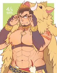  1boy abs animal_costume animal_hood arms_up bad_id bad_twitter_id bara belt biceps blue_eyes boar_boy boar_hood body_fur brown_hair chest_harness collar facial_hair glasses gloves goatee gullinbursti_(housamo) hands_on_eyewear harness hat hood inactive_account large_pectorals leather long_sideburns looking_at_viewer male_focus muscular muscular_male nipples oerba_yun_fang open_clothes pectorals rensuke_akatsuki short_hair sideburns simple_background solo tokyo_afterschool_summoners topless_male 