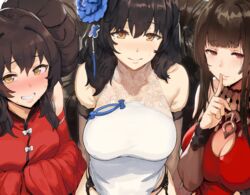  anthro black_hair blush breasts brown_eyes brown_hair chinese_clothes chinese_dress cleavage cropped dsr-50_(girls_frontline) elbow_gloves garter_belt girls_frontline gloves hewsack long_hair qbz-95_(girls_frontline) qbz-97_(girls_frontline) red_eyes yellow_eyes 