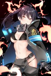  bikini black_bikini black_gloves black_hair breasts cleavage commentary_request en&#039;en_no_shouboutai female fire firefighter firefighter_jacket gloves highres hip_vent jacket kippuru navel solo string_bikini swimsuit tamaki_kotatsu twintails underboob yellow_eyes 