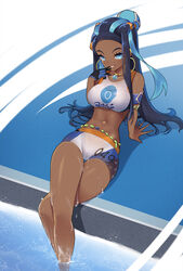  armlet bare_legs belly_chain blue_eyes blue_hair breasts cameltoe commentary crop_top crossed_legs dark-skinned_female dark_skin earrings feet_out_of_frame female finger_to_mouth gloves hair_ornament hoop_earrings jewelry legs long_hair midriff navel necklace nessa_(pokemon) photoshop_(medium) pokemon pokemon_swsh seductive_smile see-through see-through_sports_bra shorts single_glove sitting smile solo sports_bra sportswear water wet z.o.b 