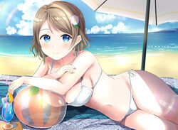  ball beach beach_umbrella beachball bikini blue_eyes blue_sky breasts cleavage cloud collarbone commentary_request cowboy_shot day drink female flower grey_hair hair_flower hair_ornament horizon large_breasts lens_flare looking_at_viewer love_live! love_live!_sunshine!! lying morerin navel ocean on_side outdoors photoshop_(medium) rainbow sand short_hair side-tie_bikini_bottom sky smile solo swimsuit umbrella watanabe_you wavy_hair white_bikini 