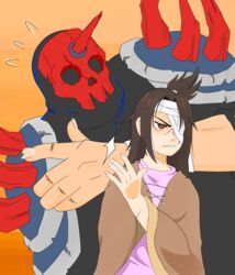  absurdres armor bandage_over_one_eye black_cape broken_fingernails brown_eyes brown_hair brown_poncho buddy_(lisa) cape female flying_sweatdrops frown highres horns indioweeaboo lisa_(series) lisa_the_joyful lisa_the_painful mask orange_background poncho rando_(lisa) scar self-upload shaded_face shoulder_armor shoulder_spikes single_horn size_difference skull_mask spikes 