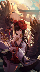  alternate_costume alternate_hair_length alternate_hairstyle bare_shoulders black_hair black_skirt black_wings blackcat_enjia blue_sky breasts cleavage cloud commentary_request cowboy_shot day feathered_wings feathers female hand_up hat highres holding japanese_clothes kimono kourindou_tengu_costume long_hair long_sleeves looking_at_viewer mask mask_on_head medium_breasts miniskirt mole mole_under_eye off_shoulder photoshop_(medium) pleated_skirt pom_pom_(clothes) red_eyes ribbon-trimmed_sleeves ribbon_trim shakujou shameimaru_aya skirt sky solo staff standing tassel tengu_mask thighs tokin_hat torii touhou vajra_(object) very_long_hair white_kimono wide_sleeves wings 