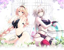  2girls :d ahoge artist_name bikini birdcage black_bikini black_choker black_gloves black_hairband blonde_hair blue_eyes blush braid breasts cage choco_chip choker cleavage collarbone commentary_request fate/grand_order fate_(series) flower front-tie_bikini_top front-tie_top garden gloves grin hair_between_eyes hairband highleg highleg_bikini highres innertube jeanne_d&#039;arc_(fate) jeanne_d&#039;arc_(swimsuit_archer)_(fate) jeanne_d&#039;arc_(swimsuit_archer)_(first_ascension)_(fate) jeanne_d&#039;arc_alter_(fate) jeanne_d&#039;arc_alter_(swimsuit_berserker)_(fate) lace lace-trimmed_legwear lace_trim large_breasts long_hair looking_at_viewer midriff multiple_girls navel o-ring o-ring_bikini o-ring_bottom o-ring_top open_mouth petals red_legwear rose seiza sidelocks single_braid single_thighhigh sitting smile stomach swim_ring swimsuit teeth thigh_strap thighhighs very_long_hair white_hair yellow_eyes 