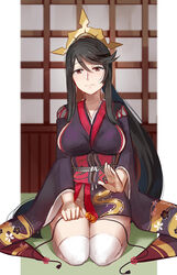  alternate_costume artist_name black_hair breasts brown_eyes chocojax closed_mouth commission female fire_emblem fire_emblem_fates full_body hair_between_eyes hair_ornament highres japanese_clothes kimono lap_pillow_invitation large_breasts long_hair long_sleeves mikoto_(fire_emblem) obi sash sitting solo wide_sleeves 