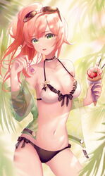  backlighting bad_id bad_pixiv_id bare_shoulders bikini bikini_under_clothes black_bikini blurry blurry_foreground breasts collarbone commentary depth_of_field english_commentary eyewear_on_head feeding female food fruit girls&#039;_frontline green_eyes green_jacket halterneck high_side_ponytail highres holding holding_food holding_spoon jacket long_hair looking_at_viewer medium_breasts navel off_shoulder official_alternate_costume open_clothes open_jacket parted_lips photoshop_(medium) pocky r93_(girls&#039;_frontline) r93_(holiday_lucky_star)_(girls&#039;_frontline) red_hair see-through side_ponytail sidelocks smile solo spoon strawberry sunglasses swimsuit white_bikini zain_(jiha3905) 