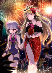  1boy 6+girls ^_^ aerial_fireworks alternate_costume archer_(fate) artist_name blonde_hair bougainvillea_(flower) carrying closed_eyes commentary_request crown drinking_straw earrings embarrassed ereshkigal_(fate) fate/grand_order fate_(series) fireworks floral_print flower flower_necklace flower_wreath food fruit glint gold_earrings grey_hair hair_flower hair_ornament hair_ribbon half_updo hat highres holding holding_food holding_fruit holding_hands hood hoodie iida_toyoyuki illyasviel_von_einzbern ishtar_(fate) ishtar_(swimsuit_rider)_(fate) jacket jaguarman_(fate) jewelry kama_(fate) kama_(first_ascension)_(fate) lei long_hair looking_away looking_to_the_side matou_sakura multiple_girls night orange_hair parvati_(fate) pineapple pink_flower pink_hoodie pink_jacket purple_hair red_eyes red_flower red_ribbon ribbon sarong shorts shoulder_carry siblings sisters sitonai_(fate) smile sun_hat swimsuit thigh_strap thighhighs tiara tohsaka_rin twitter_username two_side_up 