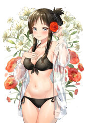  akiyama_mio bad_id bad_pixiv_id bare_shoulders bikini black_bikini black_hair blush breasts cleavage collarbone cowboy_shot female floral_background flower flower_bracelet folded_ponytail grey_eyes groin hair_flower hair_ornament hand_on_own_chest hands_up jacket k-on! large_breasts lily_(flower) long_hair looking_at_viewer navel pink_flower ponytail red_flower red_rose rnrnmm0624 rose see-through side-tie_bikini_bottom simple_background solo swimsuit thigh_gap trumpet_creeper water_drop white_background white_flower white_jacket white_lily 