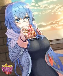  black_dress blue_eyes blue_hair blush book breasts cloud copyright_name dress female glasses hands_up large_breasts long_hair meguekayako monocle omc outdoors pince-nez scarf shadow solo standing sweater twilight very_long_hair white_scarf 