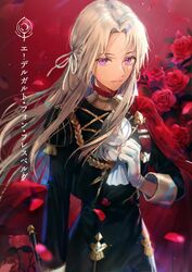  ascot axe bad_id bad_twitter_id blonde_hair cape dangmill edelgard_von_hresvelg female fire_emblem fire_emblem:_three_houses garreg_mach_monastery_uniform gloves hair_ornament hair_ribbon highres long_hair looking_at_viewer pantyhose purple_eyes red_cape ribbon simple_background smile solo uniform weapon 