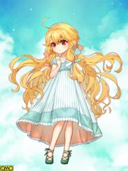  ahoge arm_at_side blonde_hair blue_dress blue_sky blush cloud commentary_request copyright_name dress female full_body green_footwear hand_up long_hair meguekayako omc red_eyes sky solo standing very_long_hair 