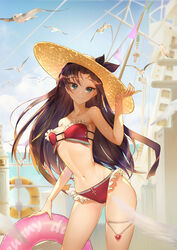  bare_shoulders beach bird blush day fate/grand_order fate_(series) female green_eyes hat highres innertube jewelry long_hair looking_at_viewer ocean orry outdoors photoshop_(medium) ship smile standing summer sun_hat swim_ring swimsuit tohsaka_rin watercraft 