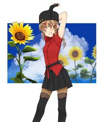  annin_musou arms_up bad_id bad_twitter_id blurry blurry_background cloud day female fingerless_gloves flower fur_hat gloves grin hair_ornament hairclip hat highres kantai_collection no_scarf pantyhose papakha red_shirt shirt sky smile solo star_(symbol) sunflower tashkent_(kancolle) 