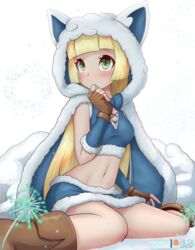  alolan_vulpix alolan_vulpix_(cosplay) blonde_hair blue_skirt blurry blush boots commentary cosplay crop_top depth_of_field english_commentary female fingerless_gloves fur_trim gloves green_eyes hood hoodie lillie_(pokemon) long_hair midriff patreon_username pokemon pokemon_sm rilex_lenov sitting skirt snow wariza 