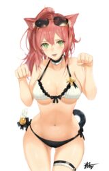  absurdres alternate_costume animal_ears ass_visible_through_thighs bare_shoulders bell bikini breasts cat_ears cat_tail chaciooh choker cleavage collarbone cowboy_shot eyewear_on_head female girls&#039;_frontline green_eyes groin hair_between_eyes highres jingle_bell long_hair looking_at_viewer medium_breasts navel oerba_yun_fang official_alternate_costume paw_pose pink_hair ponytail r93_(girls&#039;_frontline) r93_(holiday_lucky_star)_(girls&#039;_frontline) side-tie_bikini_bottom sidelocks signature simple_background smile solo stomach sunglasses swimsuit tail tail_bell tail_ornament thigh_strap white_background 