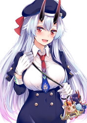  beret blue_dress blue_hat blush breasts buttons covered_navel dress fate/grand_order fate_(series) female gloves grey_hair hair_between_eyes hat horns ibaraki_douji_(fate) konka large_breasts long_hair long_sleeves looking_at_viewer necktie open_mouth red_eyes shoulder_strap shuten_douji_(fate) skin-covered_horns smile solo stuffed_toy tomoe_gozen_(fate) tomoe_gozen_(festival_outfit)_(fate) underbust very_long_hair white_gloves 