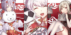  3girls cartonbox_(zhixiang_zhi) changchun_(warship_girls_r) chinese_clothes close-up closed_eyes commentary_request hair_ornament hibiki_(warship_girls_r) highres kiev_(warship_girls_r) multiple_girls open_mouth reshitelny_(warship_girls_r) short_hair smile stuffed_animal stuffed_toy teddy_bear turret verniy_(warship_girls_r) warship_girls_r 