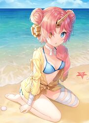  bad_id bad_twitter_id bandaged_leg bandages barefoot beach bikini blue_bikini blue_eyes blue_sky breasts chestnut_mouth cleavage cloud cloudy_sky collarbone commentary day double_bun eyes_visible_through_hair fate/grand_order fate_(series) female frankenstein&#039;s_monster_(fate) frankenstein&#039;s_monster_(swimsuit_saber)_(fate) frankenstein&#039;s_monster_(swimsuit_saber)_(first_ascension)_(fate) full_body hair_bun hair_over_one_eye hand_up heterochromia hitsukuya horizon horns jacket long_sleeves looking_at_viewer mechanical_horns ocean outdoors parted_lips pink_hair sand seashell seiza shell single_horn sitting sky sleeves_past_fingers sleeves_past_wrists small_breasts soles solo starfish swimsuit swimsuit_cover-up water yellow_eyes yellow_jacket 