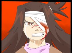  bandage_over_one_eye black_border blood blood_from_eyes border brown_eyes brown_hair brown_poncho buddy_(lisa) clenched_teeth crying crying_with_eyes_open female highres indioweeaboo lisa_(series) lisa_the_joyful lisa_the_painful long_hair looking_at_viewer poncho red_background scar self-upload tears teeth upper_body 