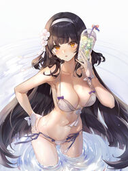  :o absurdres alternate_costume armpits bad_id bad_pixiv_id bare_arms bare_shoulders bikini black_hair blush breasts brown_eyes cleavage collarbone cup day disposable_cup drinking_straw female flower food front-tie_bikini_top front-tie_top fruit girls&#039;_frontline groin hair_flower hair_intakes hair_ornament hairband hand_on_own_hip hand_up highres holding holding_cup ice ice_cube large_breasts lemon lemon_slice long_hair looking_at_viewer myoushun navel official_alternate_costume outdoors parted_lips ripples side-tie_bikini_bottom solo stomach swimsuit thighs type_95_(girls&#039;_frontline) type_95_(summer_cicada)_(girls&#039;_frontline) very_long_hair wading water wet white_bikini white_flower 