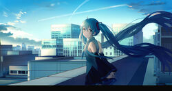  ahoge aqua_eyes aqua_hair bare_shoulders black_skirt blue_sky building city cityscape cloud commentary contrail day detached_sleeves female floating_hair grey_shirt hatsune_miku letterboxed long_hair long_sleeves looking_at_viewer miniskirt necktie outdoors pleated_skirt popuru rooftop shirt sidelocks skirt sky smile solo standing symbol-only_commentary twintails very_long_hair vocaloid wide_sleeves 